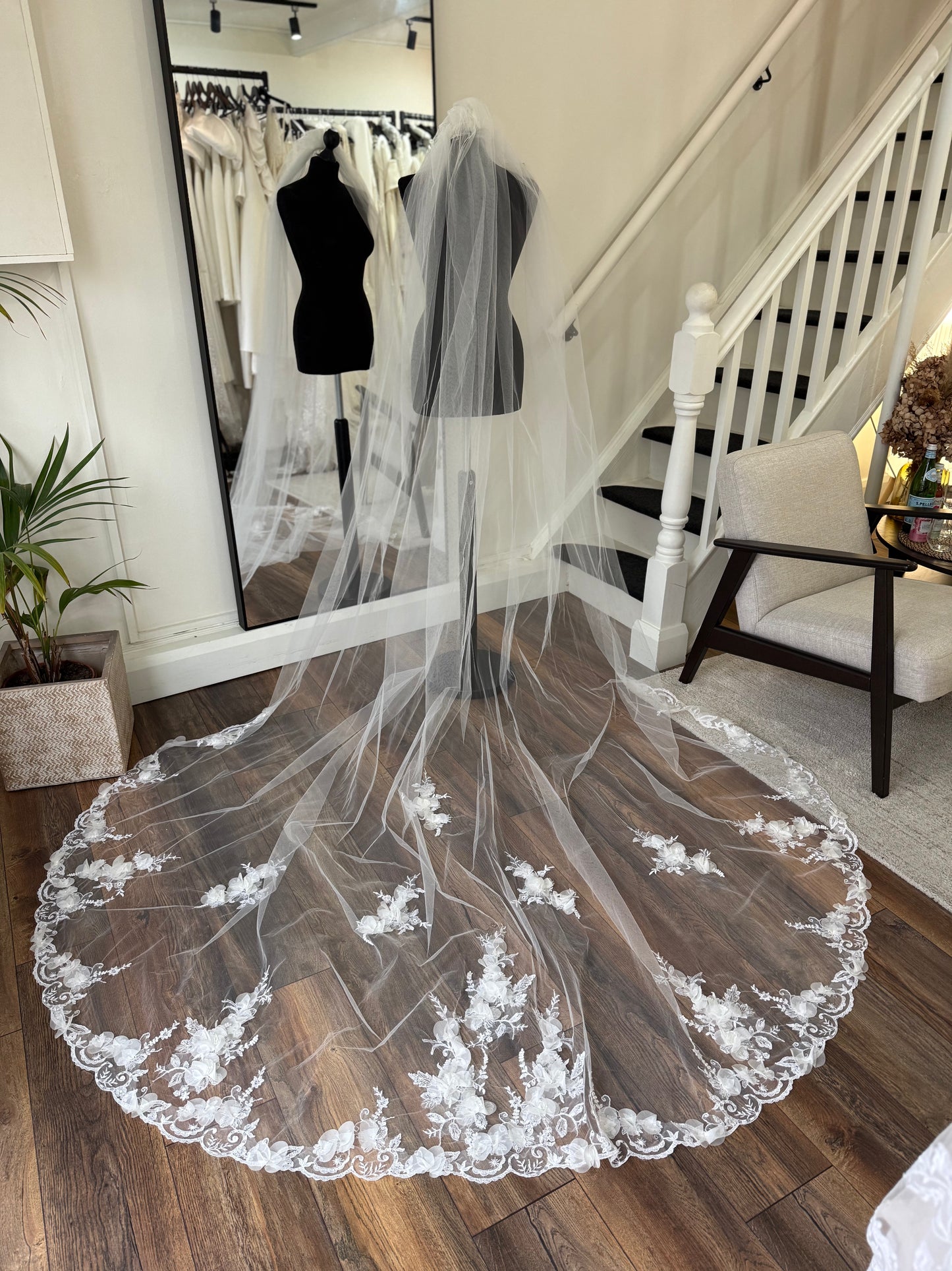 Cathedral length 3-D floral lace veil