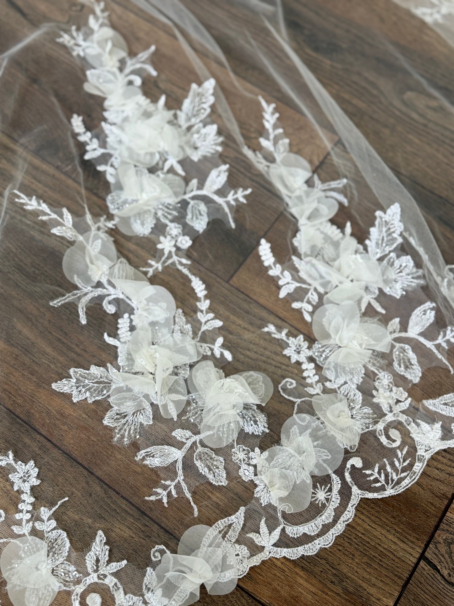 Cathedral length 3-D floral lace veil