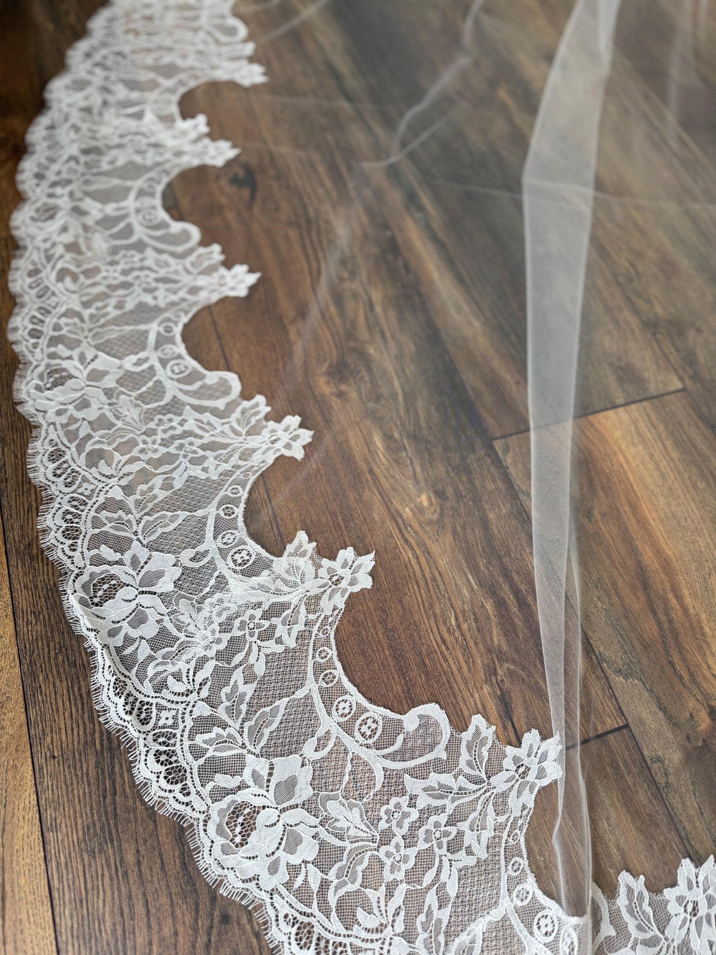 Kadaleyah - Cathedral length lace edge blusher veil