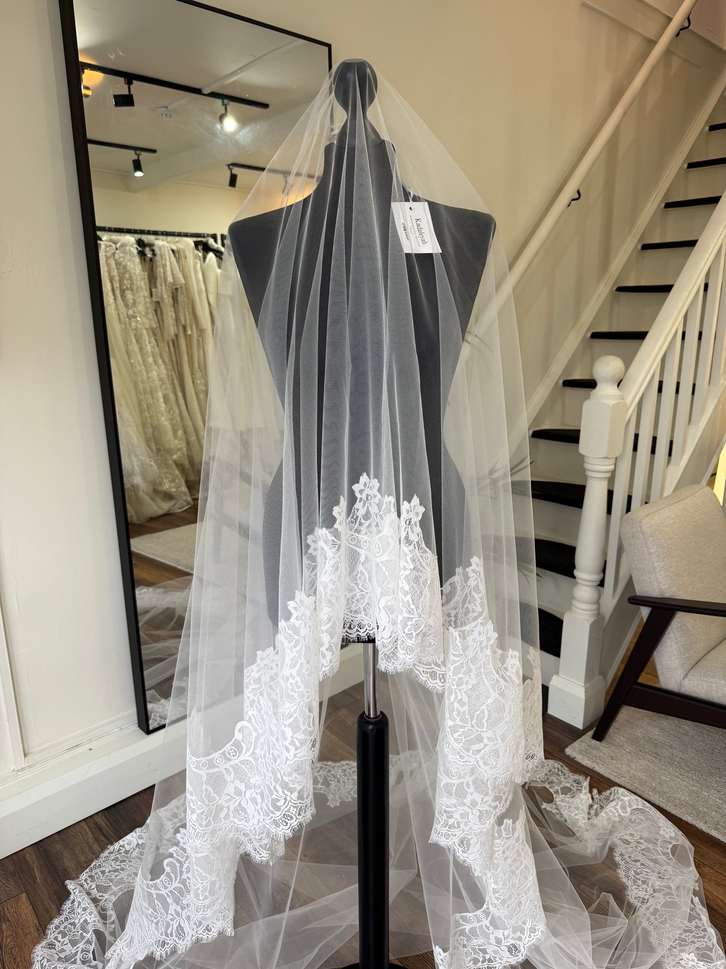 Kadaleyah - Cathedral length lace edge blusher veil